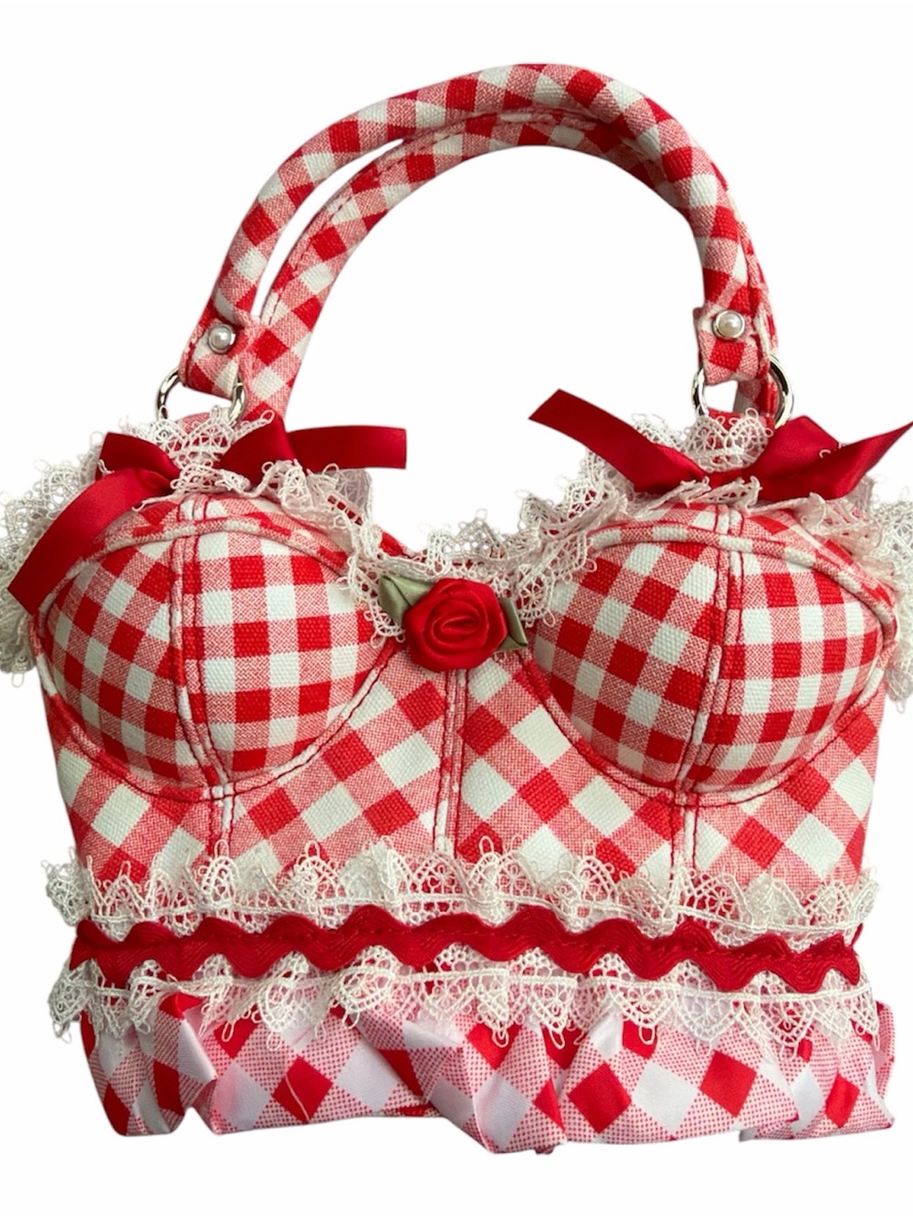 Dolls Kill Red & White Gingham Lace Bustier Tote